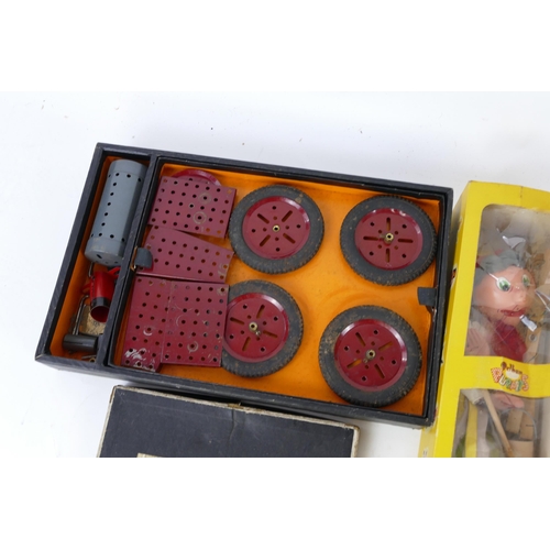 1253 - Vintage Meccano Sets 3 & 4, two Pelham Puppets including Benjo and Old Lady, Armand Marseille 351/9k... 