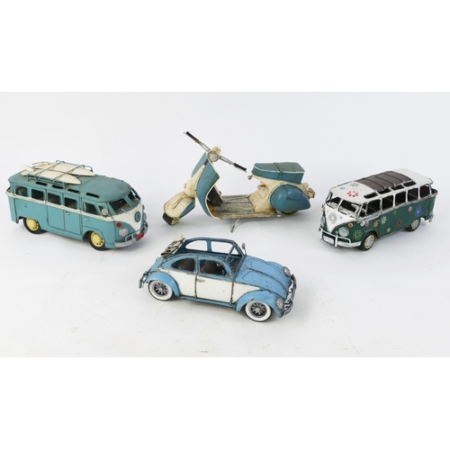 1257 - Four Large Scale Tin Models including 2 VW Campers, Volkswagen Beetle and Vespa scooter