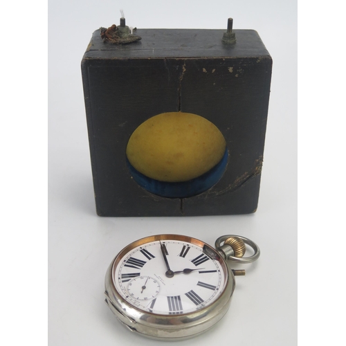 1281 - A steel cased giant pocket watch, with 6cm Roman dial, contained in a travelling case. (not running)