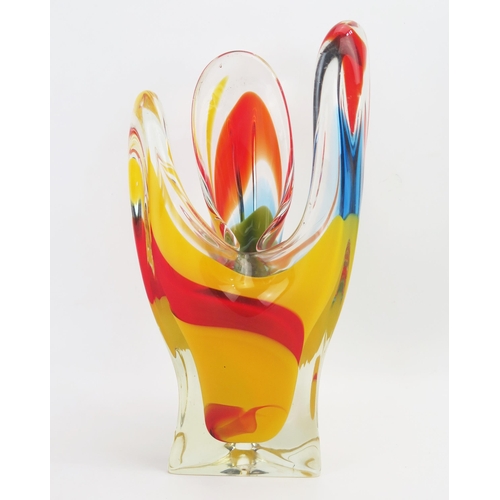 1291 - An Iwatsu Hineri style multi-coloured glass vase, of triple lobed form, 30cm high