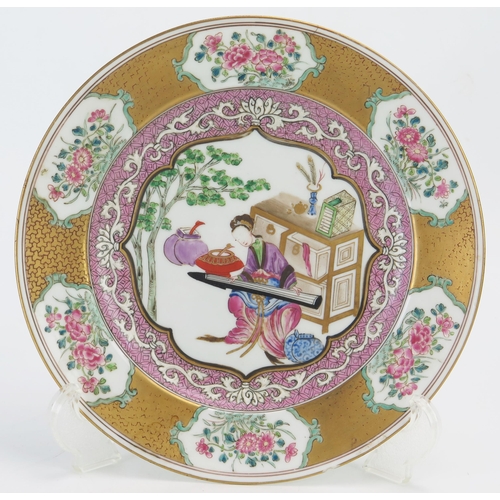 1299 - A late 19th century Chinese porcelain plate, decorated with a seated lady playing a guzheng, with fa... 