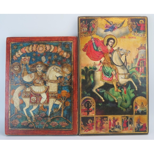 1313 - A modern Eastern European icon of St George print on board, 49 x 29cm together with another of a mou... 