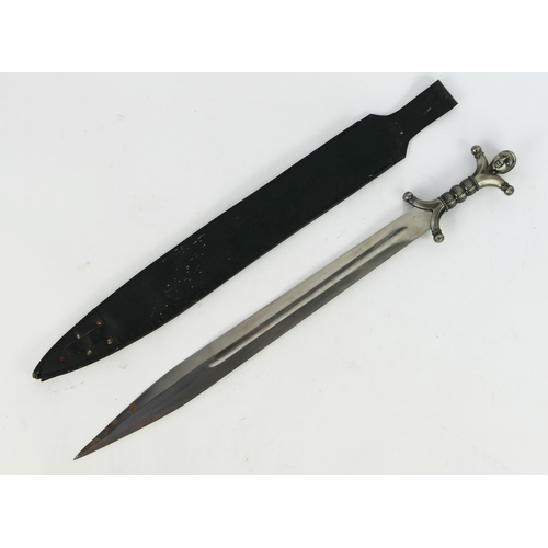 1320 - A reproduction fantasy sword, with 60cm double edged fullered blade, with ribbed grip and male head ... 