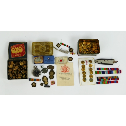 1333 - A World War One Princess Mary Christmas box, assorted brass buttons, bosun's whistle, pocket watch A... 