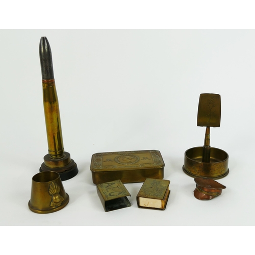 1334 - A World War One Princess Mary Christmas box, together with trench art including match box holders, a... 