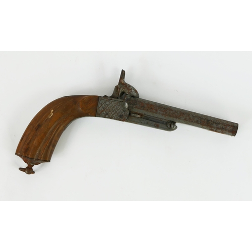 1336 - A 19th century double-barrelled pin fire pistol with 12cm polygonal barrels, folding triggers with r... 