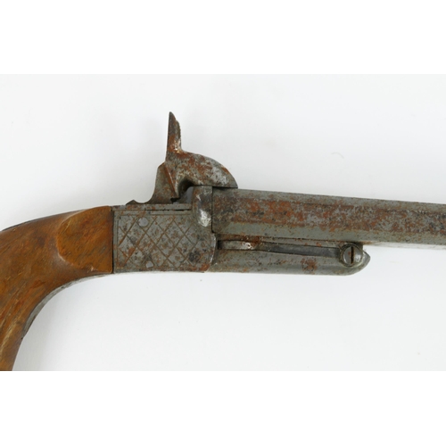 1336 - A 19th century double-barrelled pin fire pistol with 12cm polygonal barrels, folding triggers with r... 