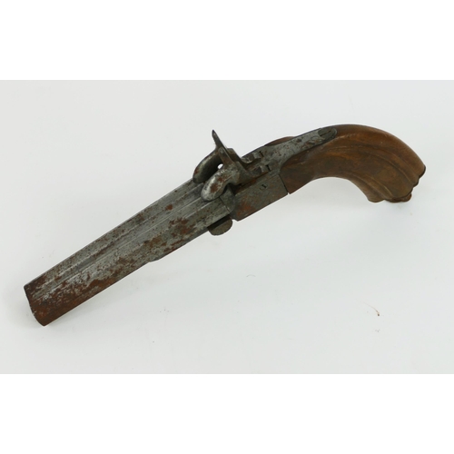 1336 - A 19th century double-barrelled pin fire pistol with 12cm polygonal barrels, folding triggers with r... 