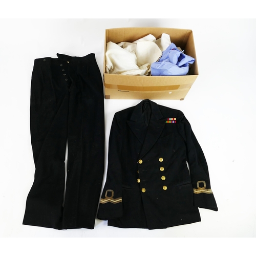 1343 - A Royal Navy officers uniform, includes jacket , trousers, tropical whites etc.