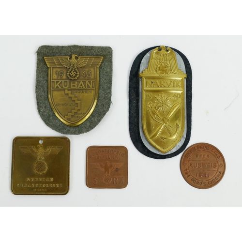 1356 - Assorted Third Reich badges including Kuban Shield, Narvik Shield, police ID tag, hostel token and c... 