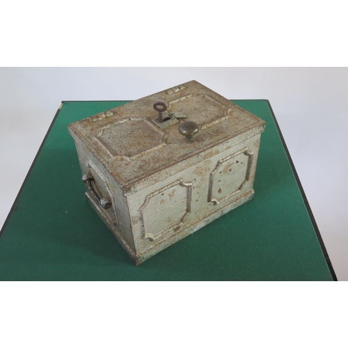 1373 - A late Victorian metal strong box, of rectangular outline with hinged lid and loop carrying handles ... 