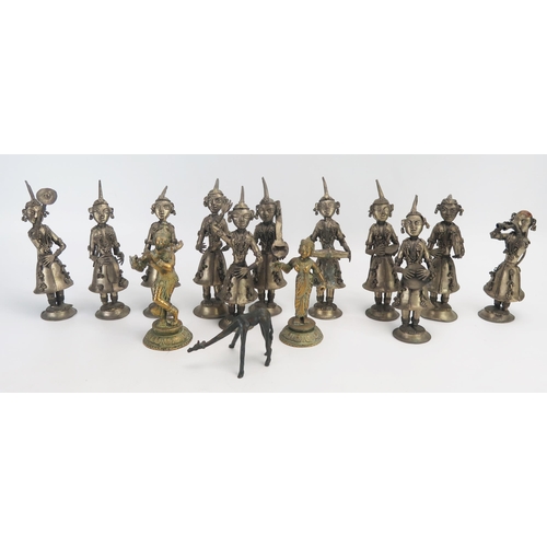 1380 - A collection of Indian metal figurines depicting musicians together with two brass deities (13)