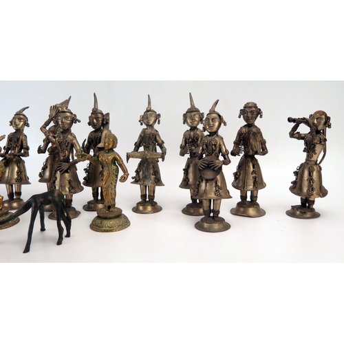 1380 - A collection of Indian metal figurines depicting musicians together with two brass deities (13)