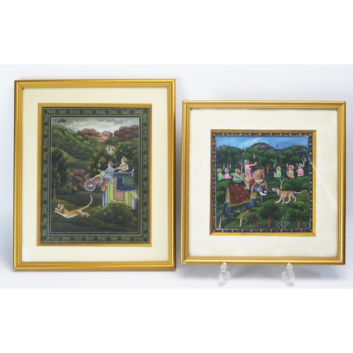 1384 - Indian School, A Tiger Hunt, Gouache, 25 x 20cm, together with another similar scene 18cm x 17cm . (... 