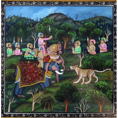 1384 - Indian School, A Tiger Hunt, Gouache, 25 x 20cm, together with another similar scene 18cm x 17cm . (... 