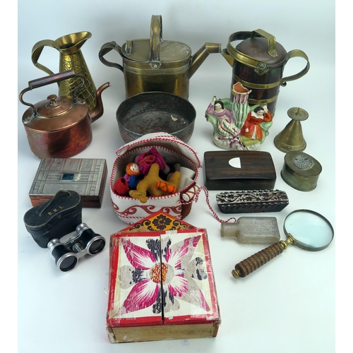 1389 - Assorted brass and copper wares including kettles, watering can, a Mexican wooden nativity scene and... 