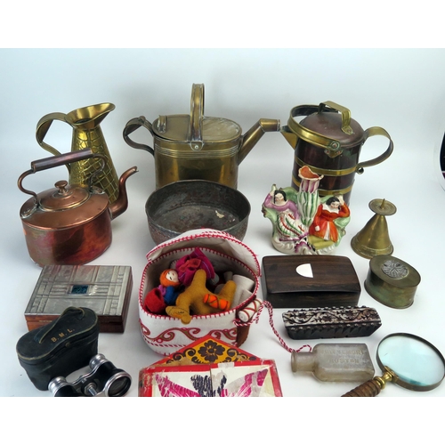 1389 - Assorted brass and copper wares including kettles, watering can, a Mexican wooden nativity scene and... 