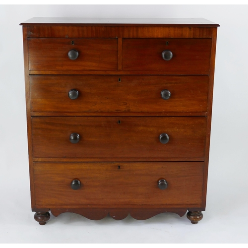 1416 - A Victorian mahogany chest containing two short and tree long graduated drawers, raised on bun feet,... 