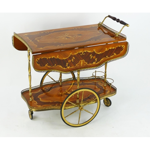 1432 - A modern Italian marquetry two tier tea trolley, with quarter veneered and floral inlaid top having ... 