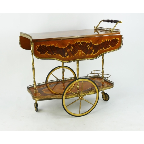 1432 - A modern Italian marquetry two tier tea trolley, with quarter veneered and floral inlaid top having ... 