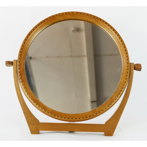 1448 - A Yew wood and chequer strung toilet mirror, with circular mirror plate, on a U-shaped stand 44cm wi... 