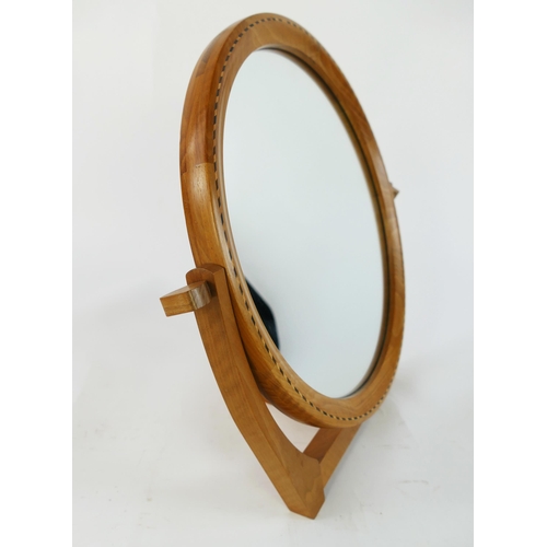 1448 - A Yew wood and chequer strung toilet mirror, with circular mirror plate, on a U-shaped stand 44cm wi... 