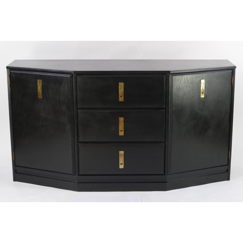 1457 - A late 20th century stag sideboard, of bowed outline, later painted with three central short drawers... 