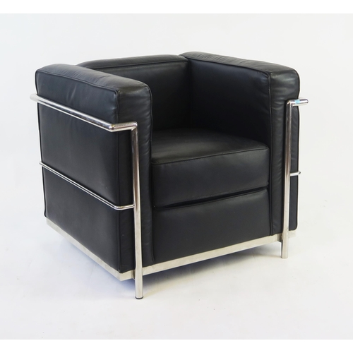 1461 - A Le Corbusier LC2 style armchair with tubular chrome plated frame in black upholstery.