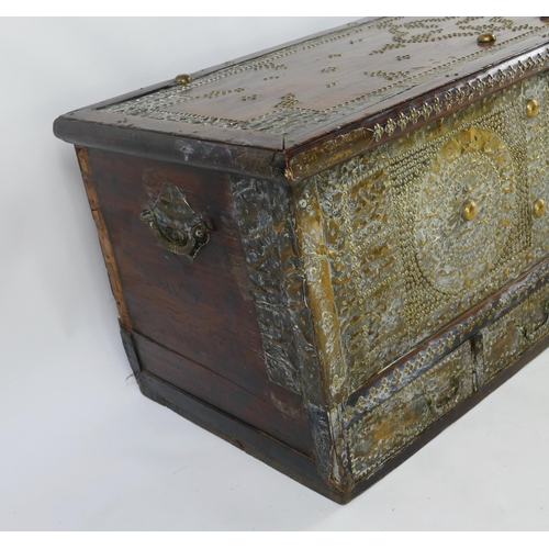 867 - An Antique Zanzibar Chest with four drawers to the base and brass ornamentation, 136(w)x56(d)x54(h)c... 