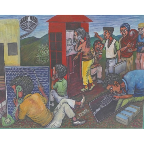 890 - David Kimani, Kenyan artist , The Phone Box, mixed media on paper, 49x39cm, f&g