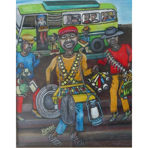 895 - David Kimani, Kenyan artist, Street Hawkers, acrylic on canvas paper, 42x33cm, f&g