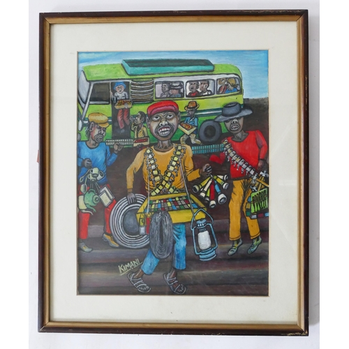 895 - David Kimani, Kenyan artist, Street Hawkers, acrylic on canvas paper, 42x33cm, f&g