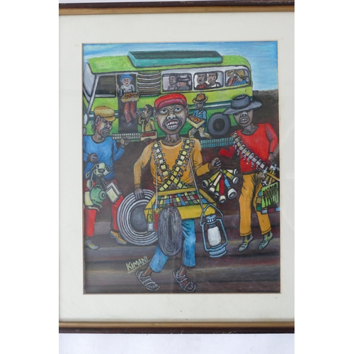 895 - David Kimani, Kenyan artist, Street Hawkers, acrylic on canvas paper, 42x33cm, f&g