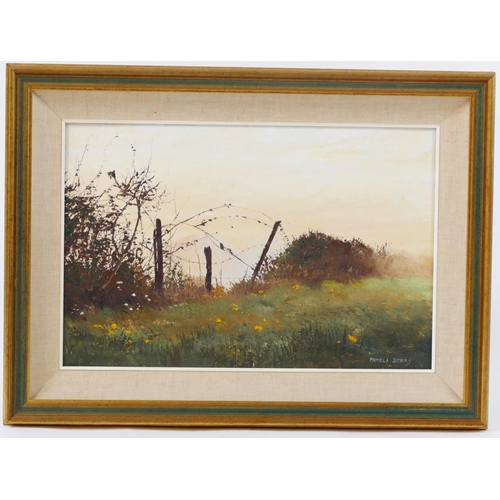 919 - Pamela Derry SWA, British (1932-2002), The Fence, oil on board, 44x29cm, framed