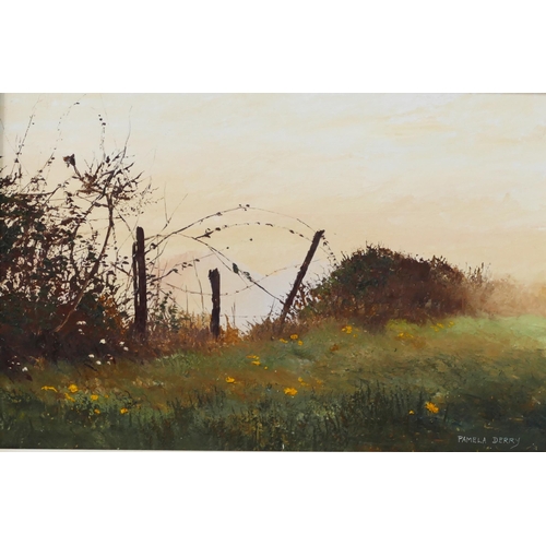 919 - Pamela Derry SWA, British (1932-2002), The Fence, oil on board, 44x29cm, framed