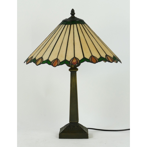 1287 - A Tiffany style table lamp, the shade with stylised flower buds, on a tapering column and square bas... 