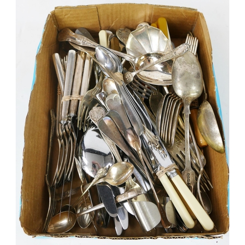 518 - A collection of assorted plated flatwares, including slices, serving spoon, tablespoons etc.