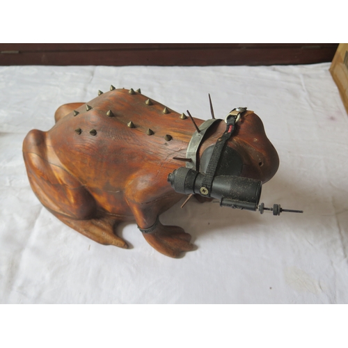 844 - The Inquisitive Frog: a steampunk carved wood frog, c. 35cm long