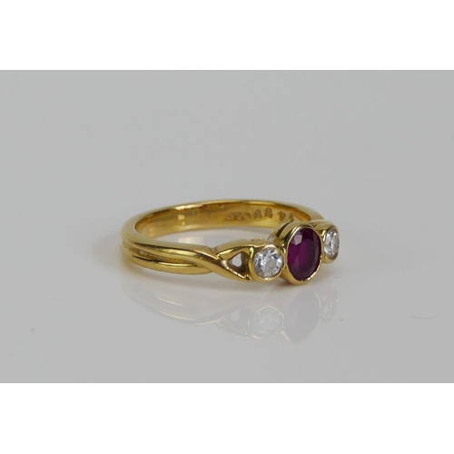 100 - An 18ct Gold, Ruby and Diamond Ring, c. 4.67x4.24mm principal rub over set stone, c. 2.7mm brilliant... 