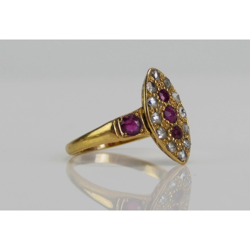 117 - An Antique High Carat Precious Yellow Metal, Ruby and Rose Cut Diamond Marquis Ring, largest ruby c.... 