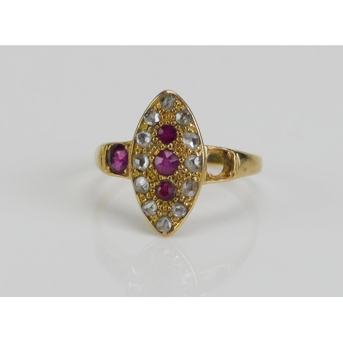 117 - An Antique High Carat Precious Yellow Metal, Ruby and Rose Cut Diamond Marquis Ring, largest ruby c.... 