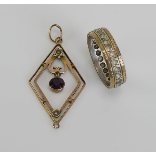 140 - A 9ct Gold and Amethyst Pendant (38.6mm drop, 1.38g)and a 9ct gold and gem set eternity ring (size N... 