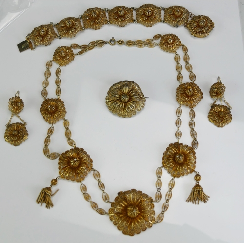 149 - A Cannetille Silver Gilt Filigree Demi Parure Set comprising a necklace, bracelet, earring and a bro... 