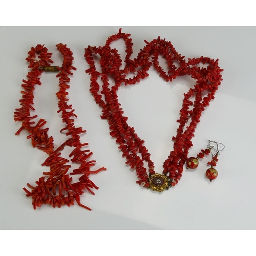 155 - Two Stick Coral Necklaces, one with a micromosaic clasp, and a pair of earrings