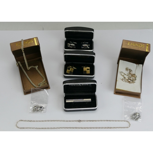 171 - Three Silver Chains (39g), cufflinks, tie clip, etc.