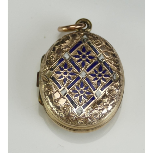 217 - An Antique Enamel and Precious Yellow Metal Front and Back Locket, 7.9g. Hinge needs attention