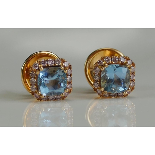 259 - A Pair of Modern 18ct Rose Gold, Aqua Marine and Diamond Stud Earrings 7.3mm heads, hallmarked, 3.23... 