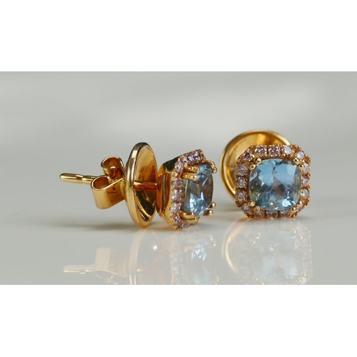 259 - A Pair of Modern 18ct Rose Gold, Aqua Marine and Diamond Stud Earrings 7.3mm heads, hallmarked, 3.23... 