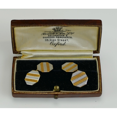 266 - A Pair of 18ct Gold and Platinum Octagonal Cufflinks in a Rowell & Son Ltd. of Oxford case, 7.58g