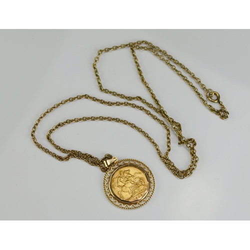 268 - A 1908 Gold Sovereign in a 9K gold mount, 10g and on a plated chain